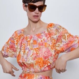 Zara Floral Pleated Bubble Crop Top Orange Pink Women’s Size XS